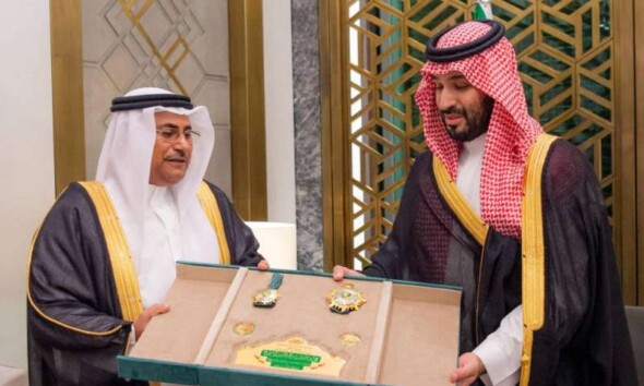 The Arab Parliament Speaker, Adel Al-Asoumi, awarded the Commander's Medal to the Saudi Crown Prince Mohammed bin Salman.